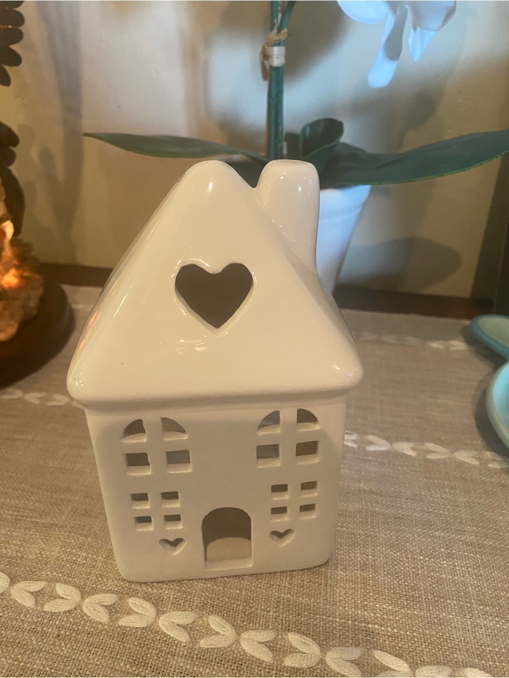 Source Unknown White Ceramic House Lantern with Heart Cutout